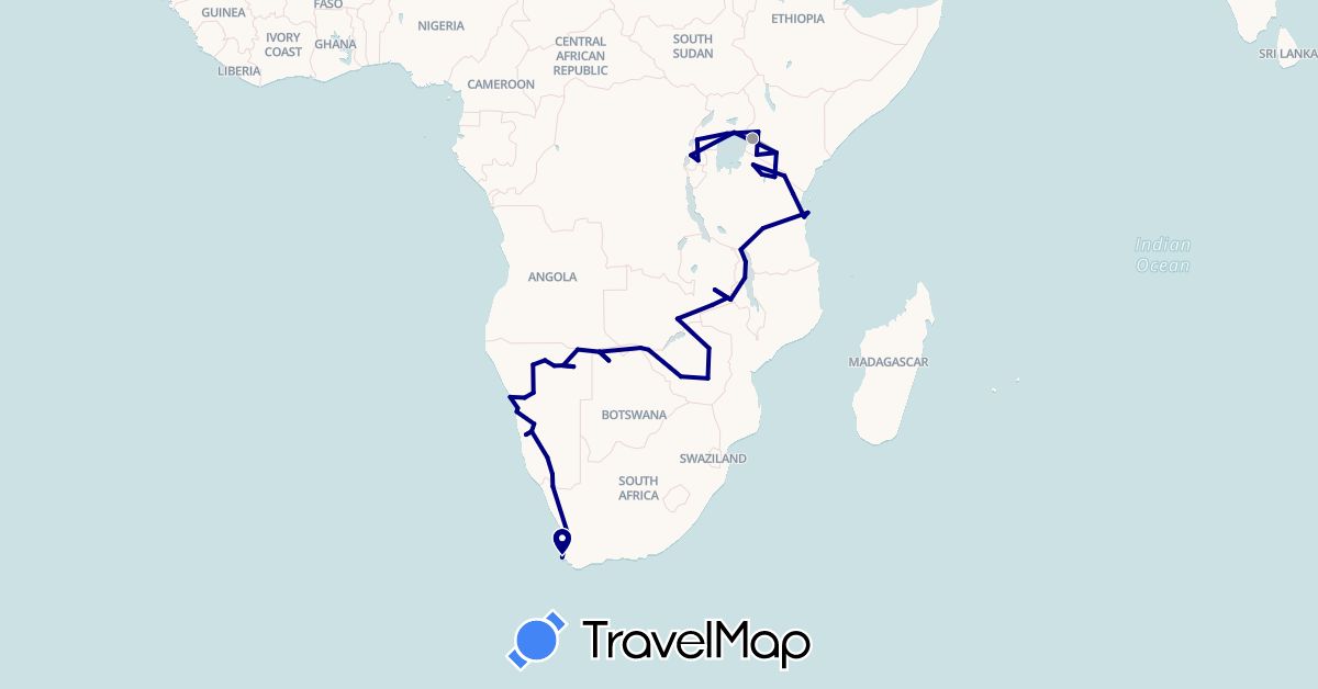 TravelMap itinerary: driving, plane in Botswana, Kenya, Malawi, Namibia, Rwanda, Tanzania, Uganda, South Africa, Zambia, Zimbabwe (Africa)